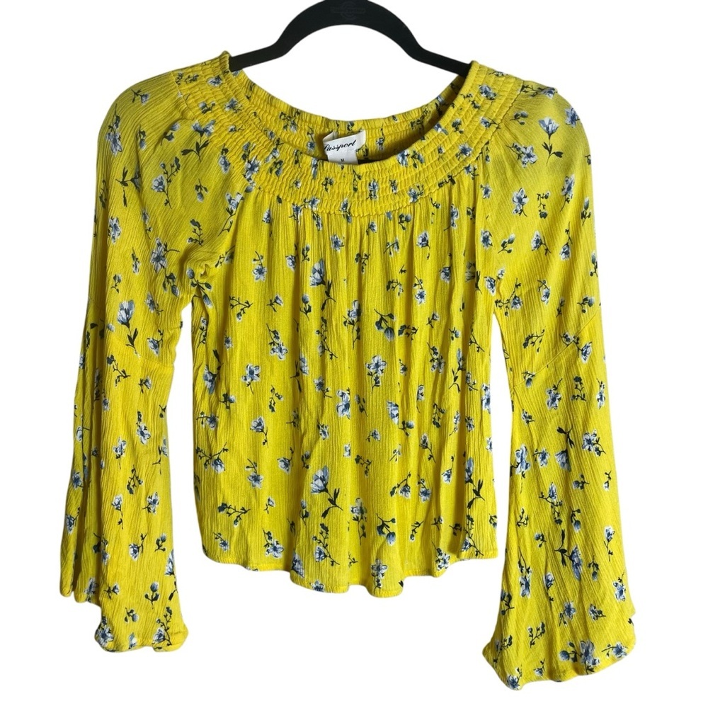 Passport Off the Shoulder Flare Sleeve Yellow Blue Floral Top Womens Medium